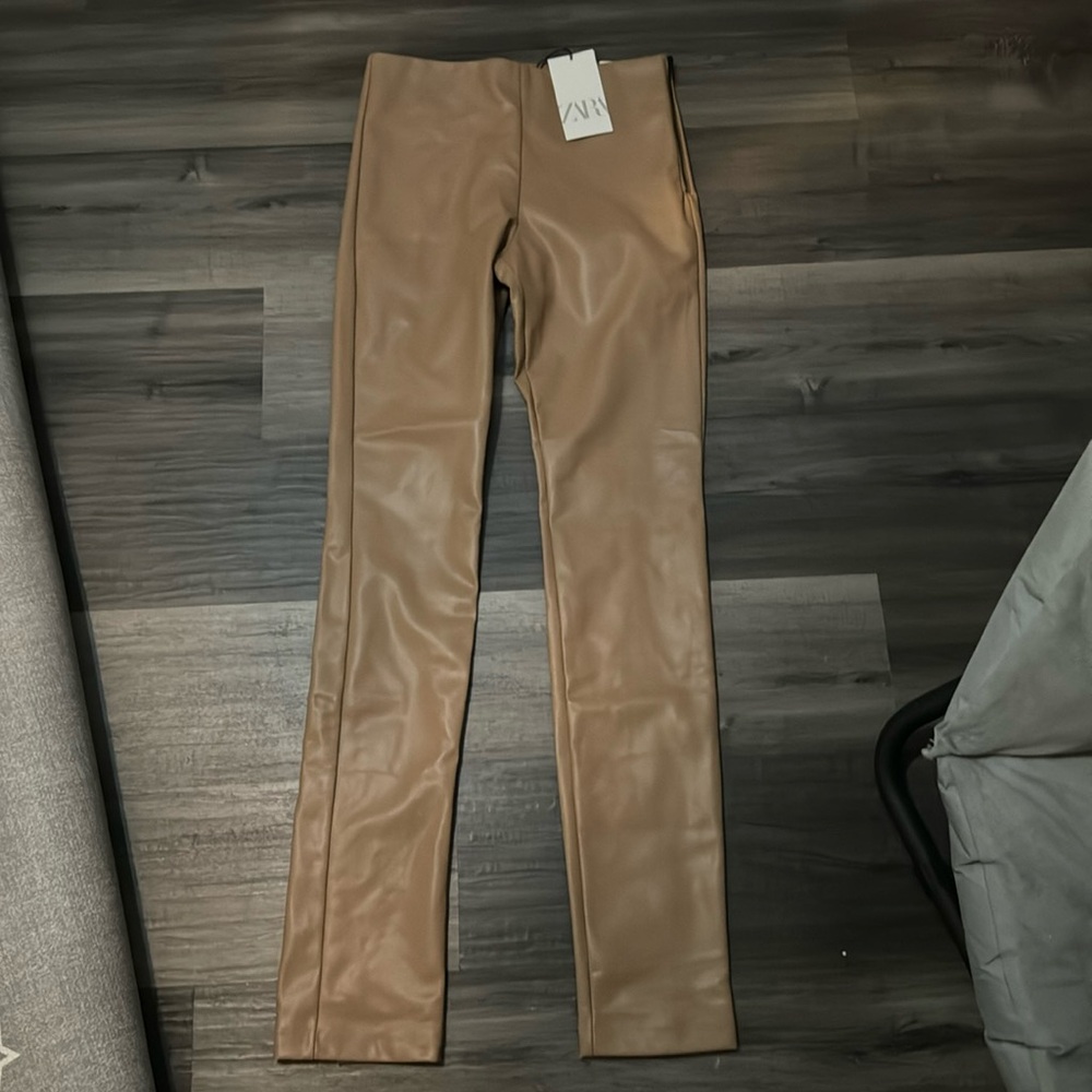 Faux Leather Slim Fit Pants - Camel
